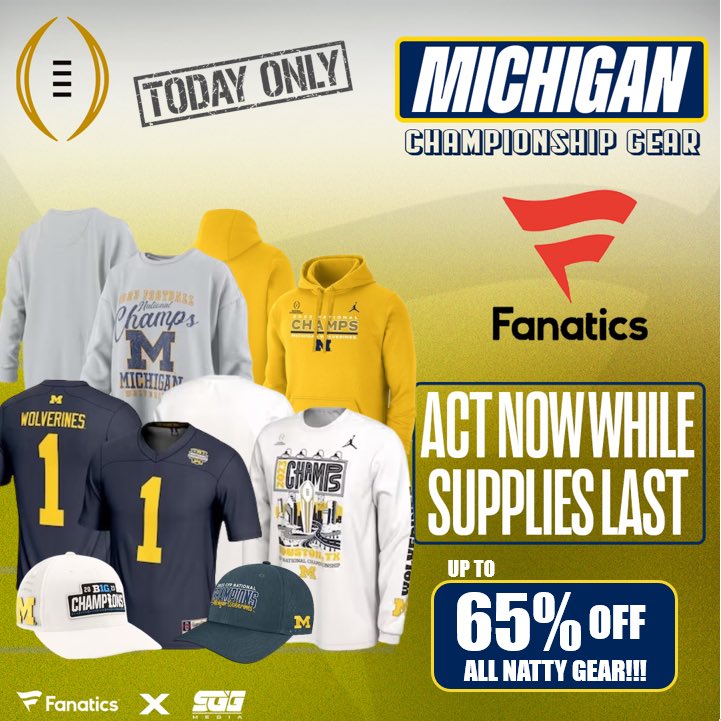 MICHIGAN WOLVERINES NATIONAL CHAMPIONSHIP SALE🏆🏆🏆 MICHIGAN FANS‼️Take advantage of Fanatics exclusive offer and get up to 65% OFF ALL Michigan Natty gear using THIS PROMO LINK: fanatics.93n6tx.net/MICHIGANCFP 📈 HURRY! SUPPLIES GOING FAST🤝#GoBlue