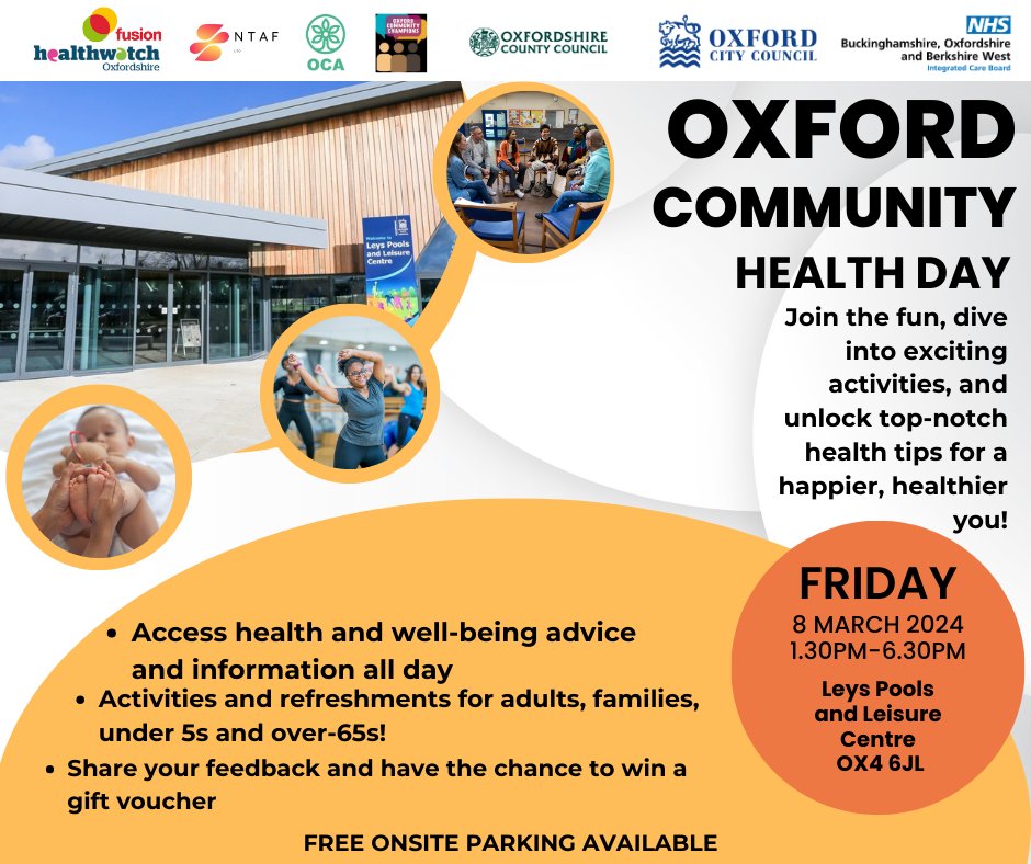 Join your local health and care teams for a fun community health day on Friday 8th March 1.30-6.30pm at Leys Pool and Leisure Centre, OX4 6JL – open to all ages and family friendly. Free activities, refreshments and health checks!