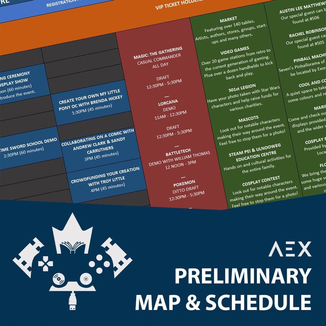 AEXsocial's tweet photo. We've uploaded a preliminary schedule and updated our show map. We hope to share a final copy 7 days ahead of the event!

Charlottetown (March 23-24) 
Tix and info: https://t.co/V1gW40wUHJ https://t.co/ylyiulFZ0k