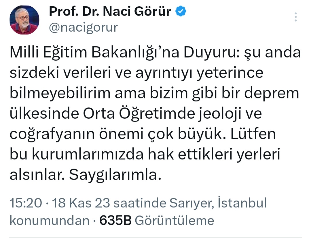 Coğrafya seçmeli bir ders olacak geri plana atılacak önemsiz bir ders değil,kökleri çok eskiye dayanan ve Günümüzde yaşadığımız tüm felaketlerin odağında Coğrafya varKüresel ısınma,çevre kirliliği,salgın,deprem,ormanyangınları,heyelan,sel.
@tcmeb
#DepremHaftasındaCoğrafya