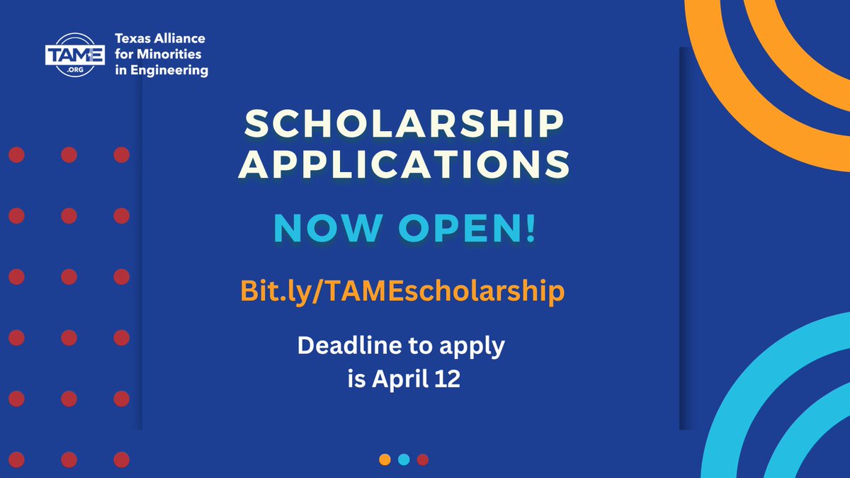 📣Do you work with graduating seniors?📣 The 2024 TAME Scholarship application is open! Active members of TAME Clubs planning to attend an accredited school and major in engineering or STEM are eligible to apply! Awards are $500-$2,000. Deadline is 4/12: bit.ly/TAMEscholarship