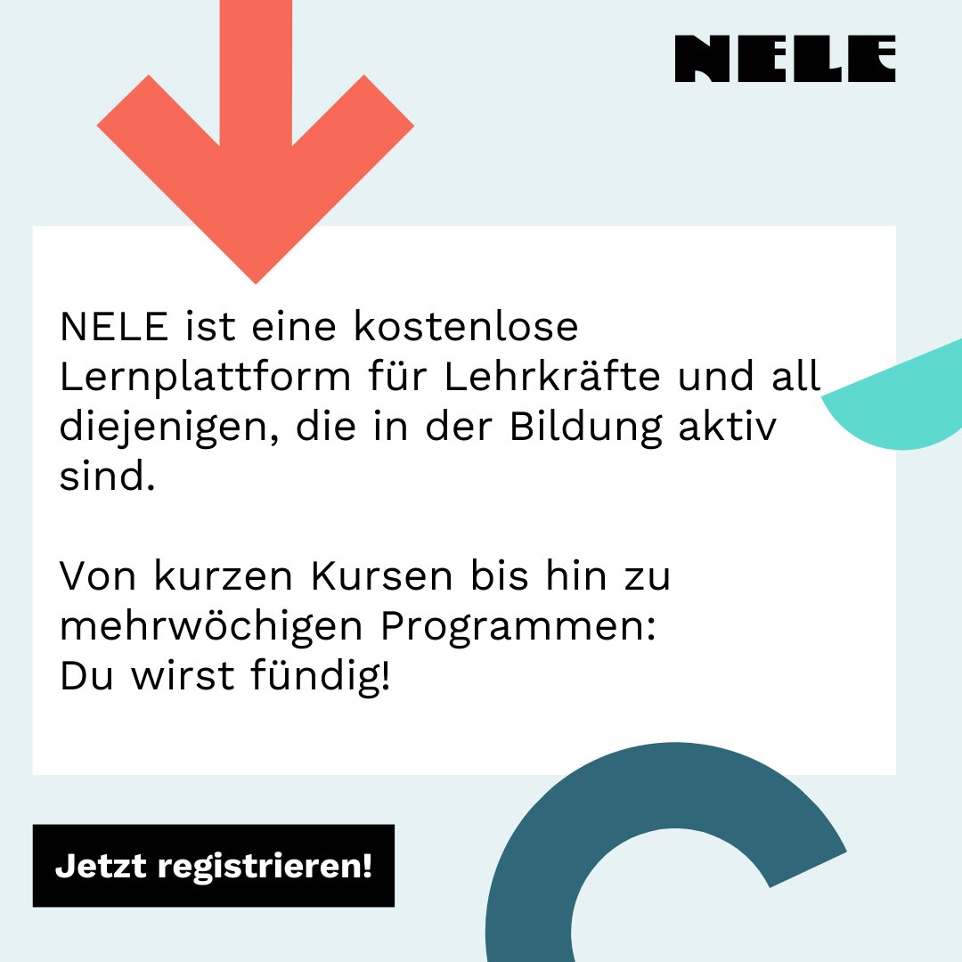 Auf der Fortbildungs-Plattform NELE – Campus Neue Lernkultur finden Lehrkräfte, Schulleitungen &amp; Pädagog:innen E-Learning-Angebote, die zur Veränderung von Schule inspirieren. Organisationen &amp; Projekte können ihre Inhalte auf der Plattform platzieren.

👉 nele-campus.org