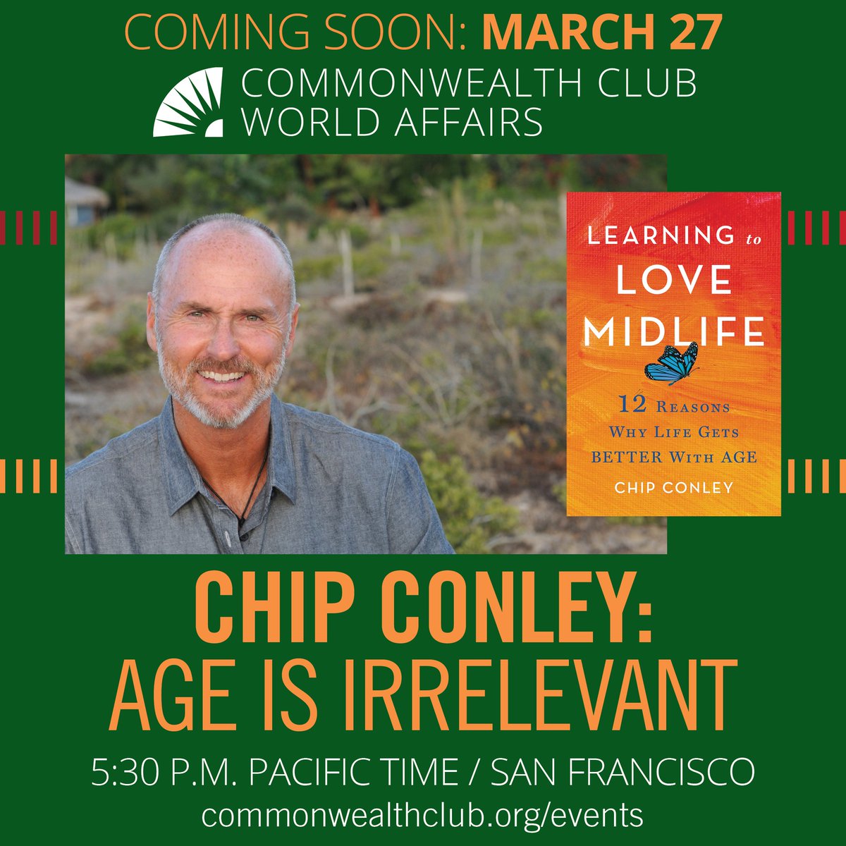 JUST ADDED: @ChipConley returns to @cwclub for a conversation with @Lenny_Mendonca about the issues raised in his new book LEARNING TO LOVE MIDLIFE. In-person tickets now available: commonwealthclub.org/events/2024-03…