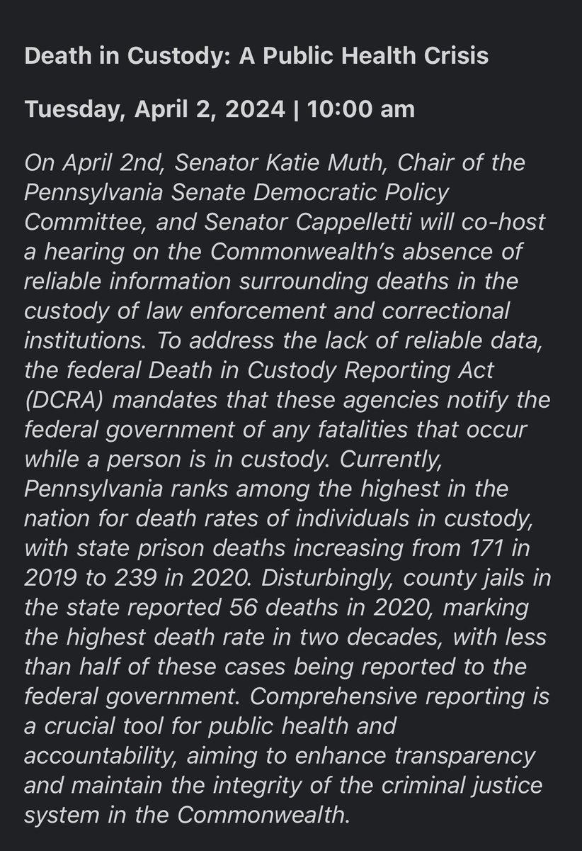 Woah! .@JoshuaPVaughn and I have been invited to testify at a policy hearing on the public health crisis of death in custody by PA Senate Democratic Policy Committee Chair Katie Muth and Senator Amanda Cappelletti.