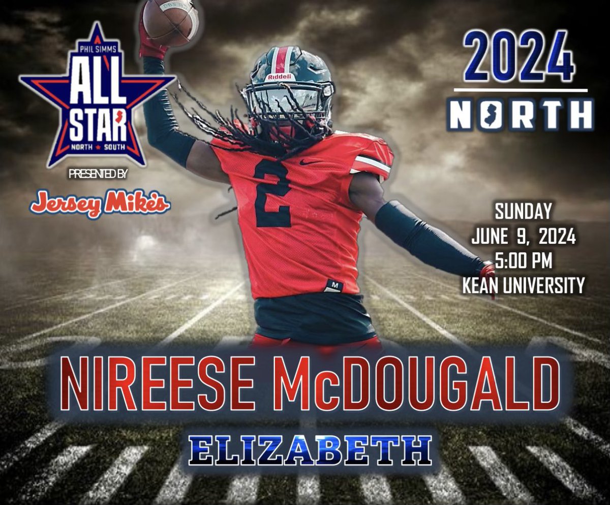 Proud to announce that I have been selected to play in the 46th Annual Phil Simms North South All Star Football Classic!!! New Jersey’s Premier All Star Football Game!!! GO North!!! @PhilSimmsQB @PSimmsNoSoGame @SimmsComplete @EHSMinutemenFB