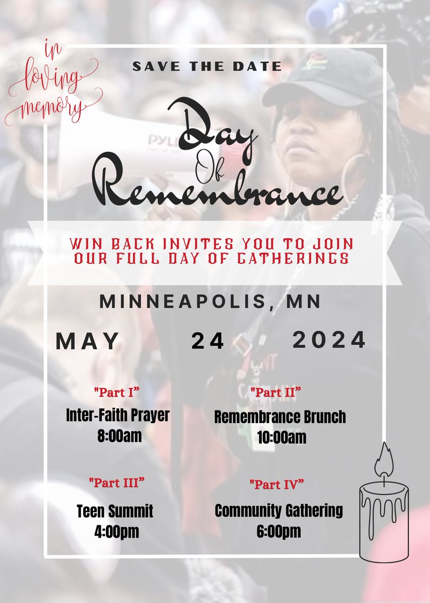 LeslieERedmond's tweet photo. Mark your calendars for May 24, 2024 @Winbackmn has a day full of gatherings planned that will allow for us to reflect, heal, and build. https://t.co/kyRJKPDUyI
