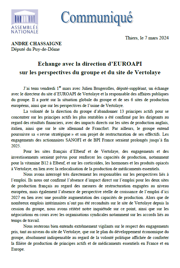 Echange avec la direction d’EUROAPI sur les perspectives du groupe et du site de Vertolaye. Communiqué.
