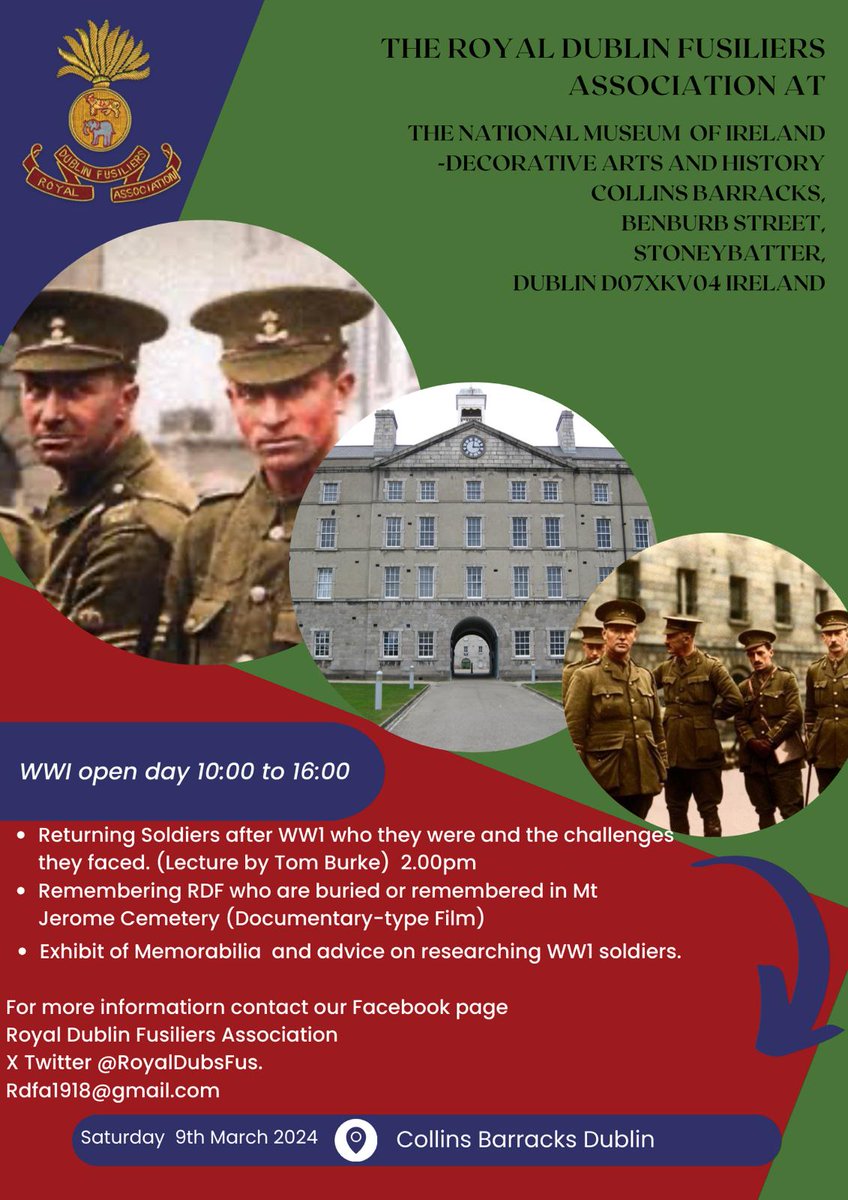 Drop by NMI- Decorative Arts & History, Collins Barracks from 10am on Saturday 9th March for great insights into Irish involvement in the First World War thanks to the @RoyalDubsFus with lectures and advice on researching WW1 Soldiers.