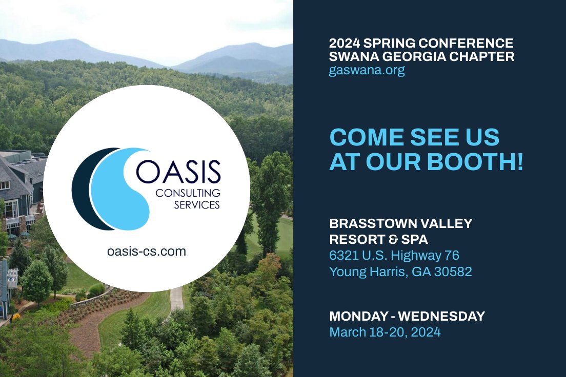 Oasis_CS's tweet image. Oasis is exhibiting at the 2024 SWANA GA Spring Conference in Young Harris, Georgia. Come say hello at our booth on March 18-20!