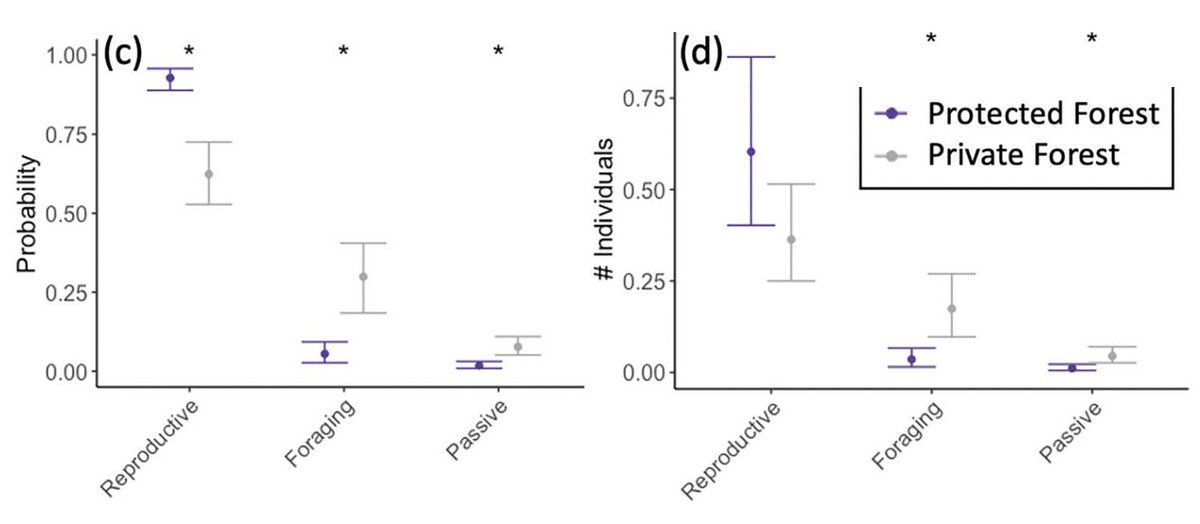 We also found birds were more likely to exhibit reproductive behaviors and less likely to exhibit passive/foraging behaviors in forest reserves compared to privately owned forests.