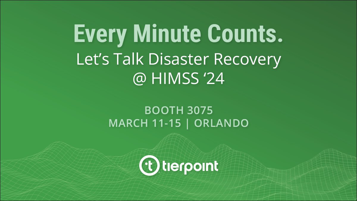 Are you attending the HIMSS Global Health Conference & Exhibition next week on March 11-15? Stop by our booth to learn how TierPoint can protect your data and minimize downtime with disaster recovery. 📅 Learn more & schedule a meeting: bit.ly/48qQJat #HIMSS24