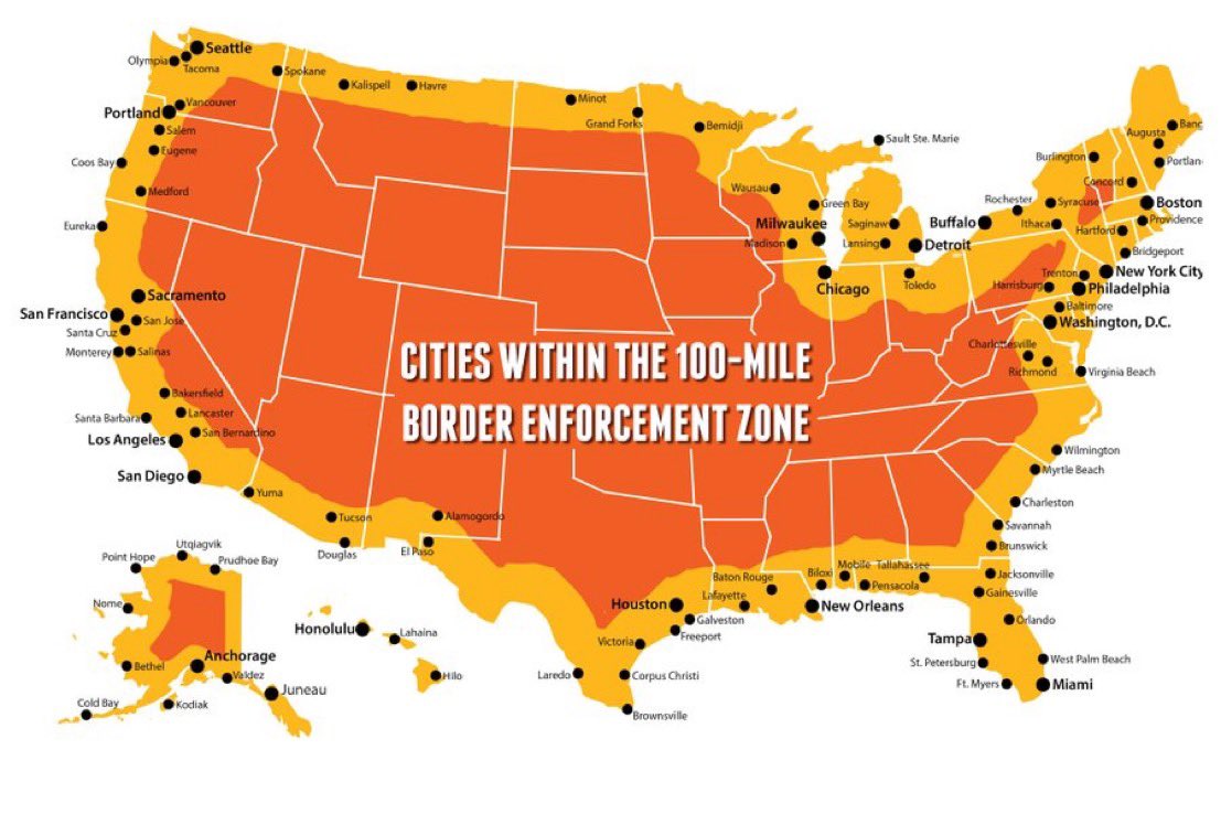 devilette (@deviiette) on Twitter photo Adding this visual aid here so people can better understand what the 100 miles “constitution free zones” look like. Land of the free, or whatever. Adding this visual aid here so people can better understand what the 100 miles “constitution free zones” look like. Land of the free, or whatever.
