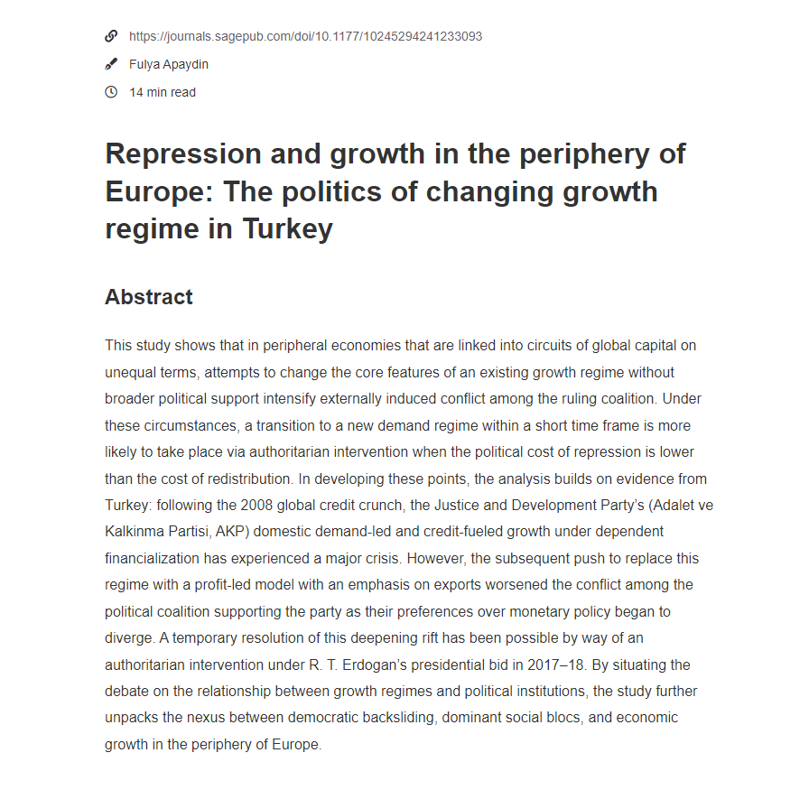 👉🏽Unveil the complex interplay between #EconomicGrowth & political institutions in peripheral economies. @Fulya_Apaydin (IBEI) explores the challenges of shifting growth models in #Turkey & the role of authoritarian intervention. 🔗Published @CompChange: t.ly/d7HpV