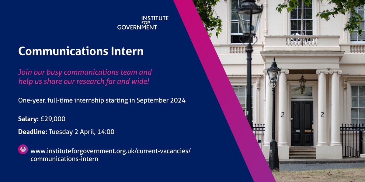 instituteforgov's tweet photo. Interested in a career in comms? Applications are now open to join our team as a Communications Intern. 

You'll be helping us to share our research with as wide an audience as possible.

⏱️The deadline to apply is Tuesday 2 April - find out more https://t.co/4xwUM1bYsz https://t.co/dgDl2BrK1F