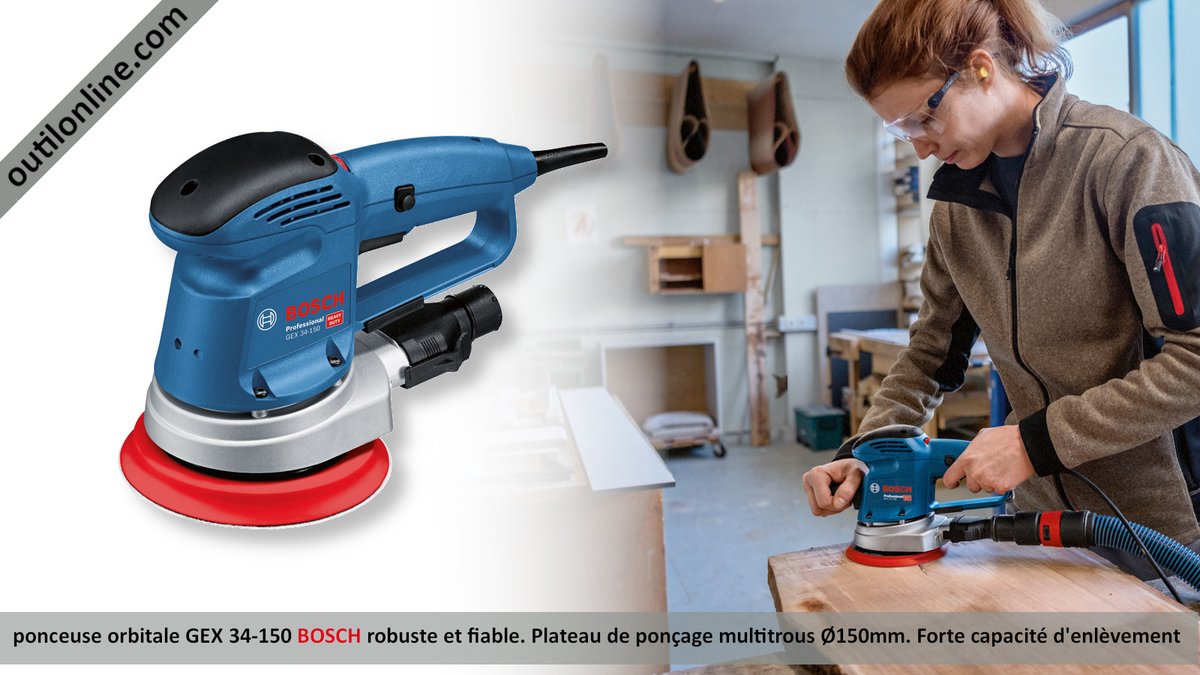 OutilonlineCom's tweet image. #outillage #ponceuse orbitale professionnelle GEX 34-150 #BoschPowertools outilonline.com/catalog/ponceu… #outil très robuste et fiable (flasque de palier alu). Plateau ponçage Ø150mm multitrous: longévité abrasifs + performances améliorées. Ø oscillation 4mm  forte capacité d&apos;enlèvement