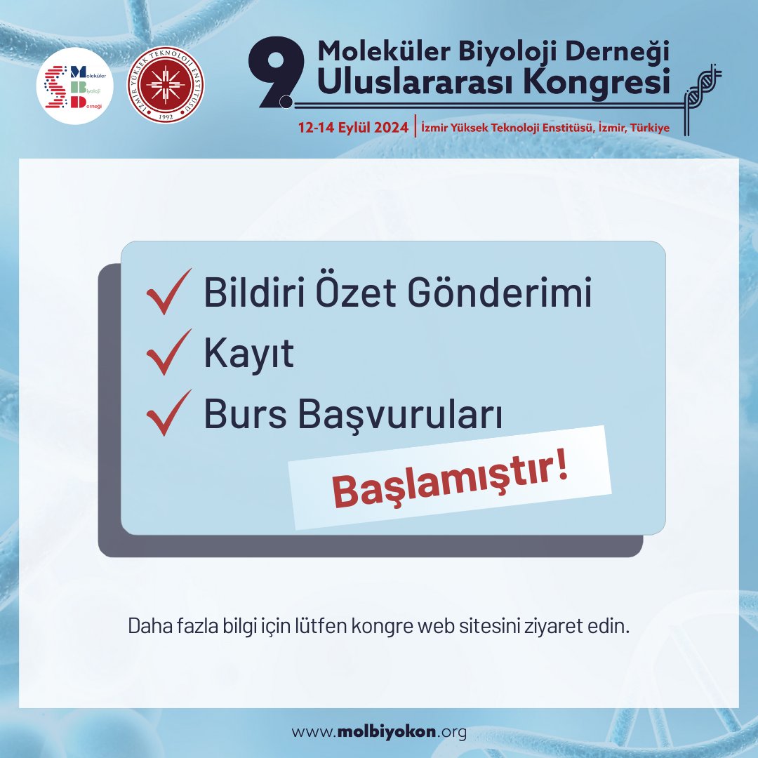 12-14 Eylül 2024 tarihlerinde İzmir Yüksek Teknoloji Enstitüsü'nde düzenlenecek olan 9. Moleküler Biyoloji Derneği Uluslararası Kongresi için bildiri gönderimi, kayıt ve burs başvurusu başlamıştır!

Daha fazla bilgi için: molbiyokon.org 

#MolBiyoKon24