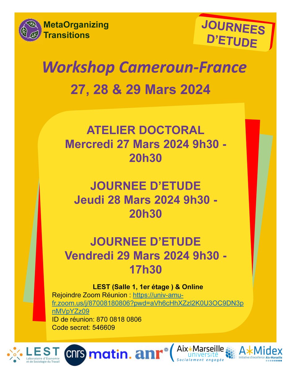 📅 27-29 mars Workshop MetaOrgTrans, rencontre Cameroun-France 🇨🇲🇫🇷. JE au @LEST_UMR7317 dans la cadre du projet #ANR #MetaOrgTrans, coord. par Héloïse Berkowitz (LEST, @CNRS) #métaorganisations, #transition #écologique & #sociale. Infos & programme 👇 lest.fr/fr/activites-s…