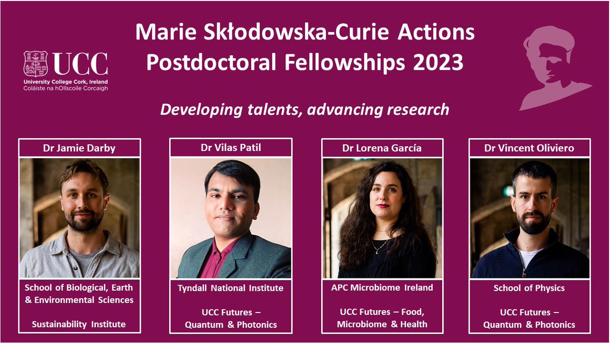 UCC Research (@uccresearch) on Twitter photo Four <a href="/UCC/">UCC Ireland</a> early-stage researchers have been awarded prestigious awards under the 2023 Marie Skłodowska-Curie Actions Postdoctoral Fellowship Programme.
Congratulations to <a href="/DrMoralesGarcia/">Lorena Morales García</a>, <a href="/Jamie_Darby/">Jamie Darby</a>, Dr Vincent Oliviero & Dr Vilas Patil. #UCCResearch
ucc.ie/en/news/2024/u… Four <a href="/UCC/">UCC Ireland</a> early-stage researchers have been awarded prestigious awards under the 2023 Marie Skłodowska-Curie Actions Postdoctoral Fellowship Programme.
Congratulations to <a href="/DrMoralesGarcia/">Lorena Morales García</a>, <a href="/Jamie_Darby/">Jamie Darby</a>, Dr Vincent Oliviero & Dr Vilas Patil. #UCCResearch
ucc.ie/en/news/2024/u…