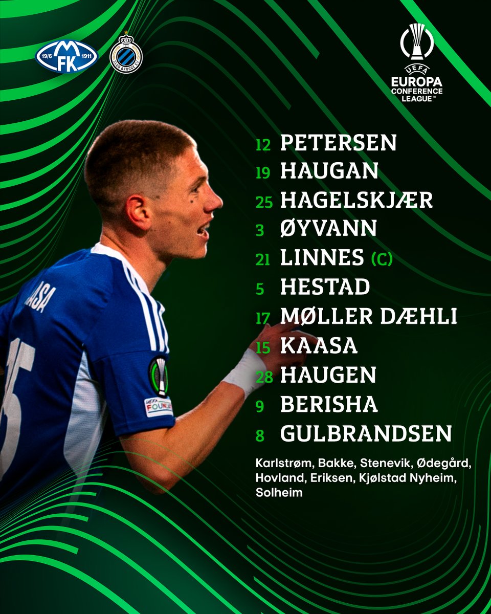 Molde_FK's tweet photo. 𝗗𝗮𝗴𝗲𝗻𝘀 𝗫𝗜 ✨
Kampstart 18.45

Petersen - Haugan, Hagelskjær, Øyvann - Linnes, Hestad, Møller Dæhli, Kaasa, Haugen - Berisha, Gulbrandsen https://t.co/iSed8Hz7Tw