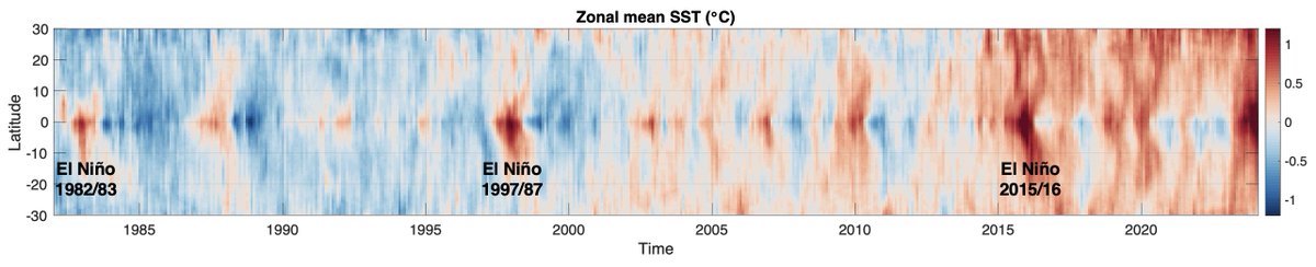 Can confirm! This is global zonal mean (averaged 'round the world at each latitude) sea surface temperature anomaly since from 1/1982-2/2024, using NOAA OIv2 high-res SST.
