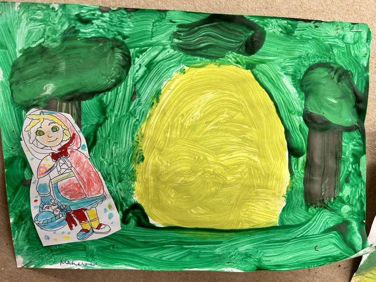 class2stmarys's tweet photo. We have been practising our art skills this week! We were inspired by our key text ‘Little Red Riding Hood’ to create a forest scene using paint and then our own LRRH using pencil crayons. https://t.co/eeEXLy6ZNf