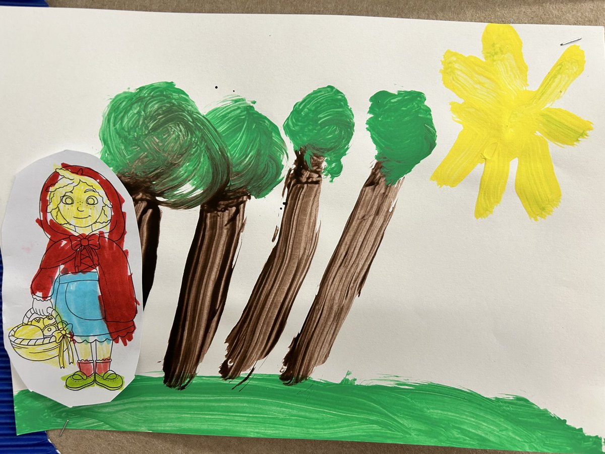 class2stmarys's tweet photo. We have been practising our art skills this week! We were inspired by our key text ‘Little Red Riding Hood’ to create a forest scene using paint and then our own LRRH using pencil crayons. https://t.co/eeEXLy6ZNf