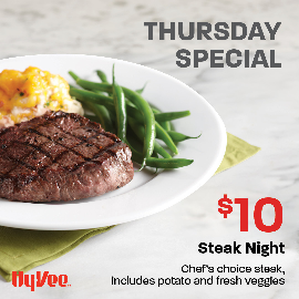 🥩 🥔 🥕 It's Steak Night at your Linden Market Hy-Vee and we have an incredible deal for you! For only $10 enjoy a delicious grilled steak, baked potato, and fresh veggie. Every Thursday from 4pm-7pm! Dinner is served! 🥩 🥔 🌽