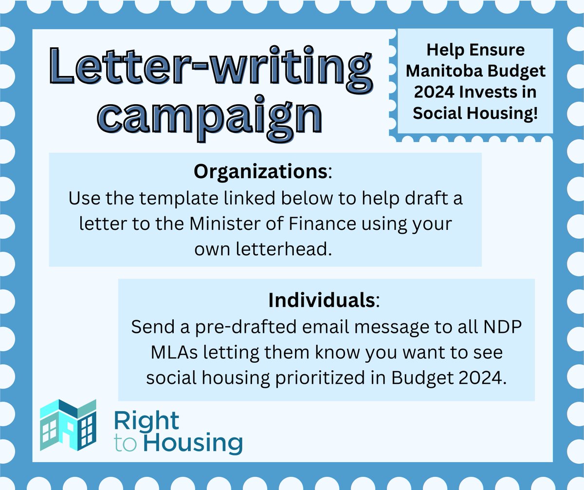 Help ensure Manitoba Budget 2024 invests in social housing! Organizations click here for a template letter to the Minister of Finance: righttohousing.ca/template-lette… Individuals click here to send an email to NDP MLAs: righttohousing.ca/help-mb-budget… More info: righttohousing.ca