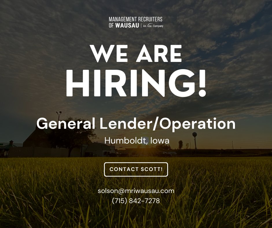 We have partnered with a community bank located in rural NW Iowa in their search for a Lender with compliance or operations experience. 📲 Contact Scott Olson for the details: solson@mriwausau.com #hiring #BankingJobs #IowaJobs #BankingCareer