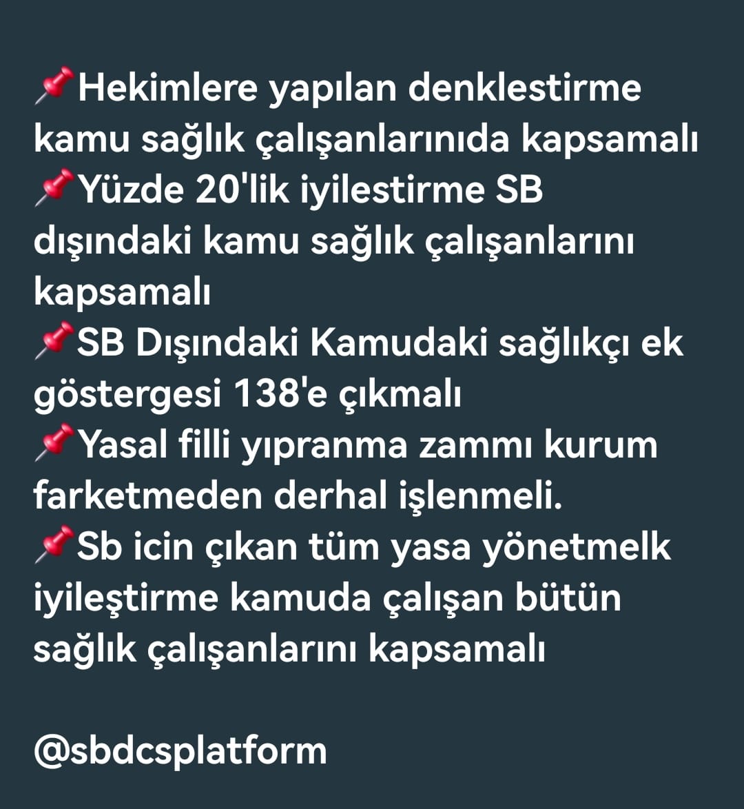 <a href="/saglikcisesiyiz/">Sağlıkçıların Sesi</a> Kamu kurumlarındaki sağlık personelleri olarak,Sağlık Bakanlığı bünyesinde çalışan meslektaşlarımızla sabit ek ödeme ve taban ek ödeme kalemlerinde eşitlik istiyoruz.
<a href="/kamsagder/">KAMU SAĞLIKÇILARI DERNEĞİ</a>
 #bizdesağlıkçıyız
<a href="/kursatkirbiyik/">H. Kürşat KIRBIYIK</a>
<a href="/dtcuneytaldemir/">Dt. Cüneyt Aldemir 🇹🇷</a>
<a href="/drpelinyilik/">Doç.Dr. Pelin Yılık</a>
