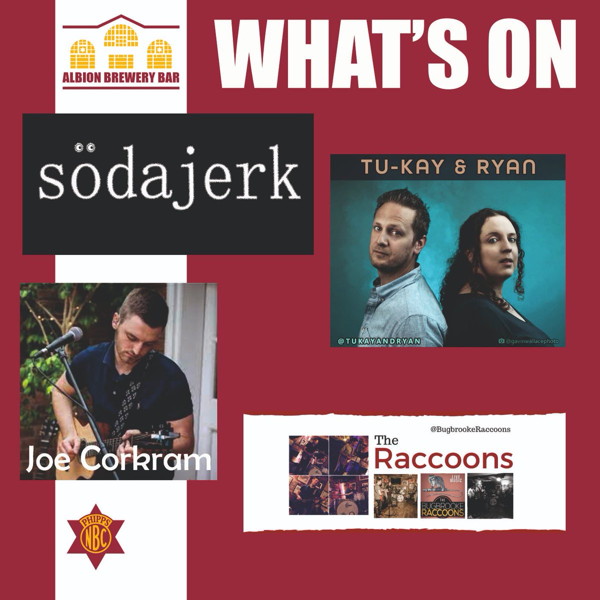 What's coming up in the Albion Brewery Bar....
#sodajerk <a href="/tukayandryan/">Tu-kay & Ryan</a> #joe_corkram #bugbrooke_raccoons
find more details on the website phipps-nbc.co.uk/live-music-and…
#livemusic #realale #supportyourlocal #supportlocalmusic #supportlocalbusiness