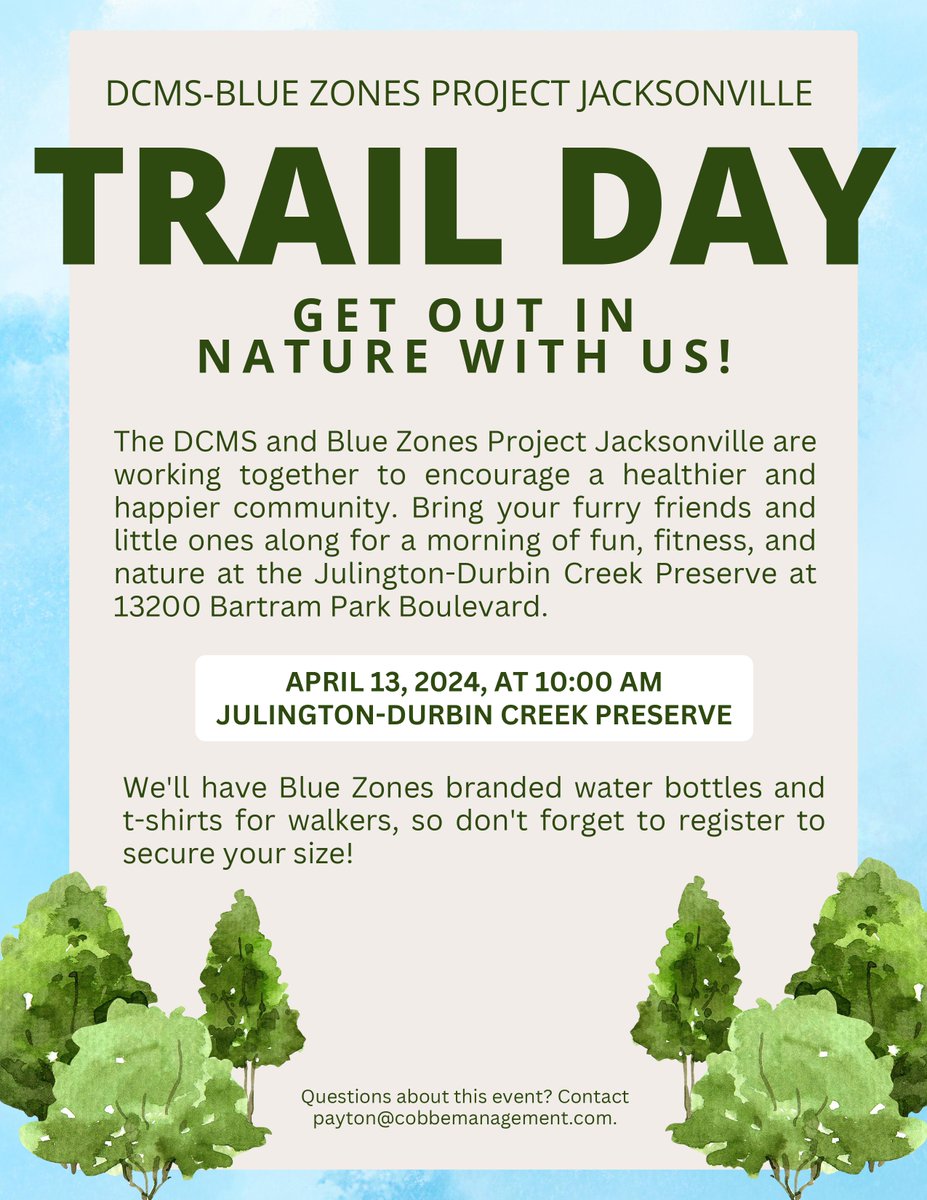 🌳 Join the DCMS & @BZPjacksonville for a 2-mile trail walk on 4/13! Bring your furry friends and little ones for fun, fitness, & nature with DCMS members and staff. We'll have Blue Zones-branded water bottles and t-shirts -- register to secure your size: dcmsonline.wufoo.com/forms/rnvp43f1…