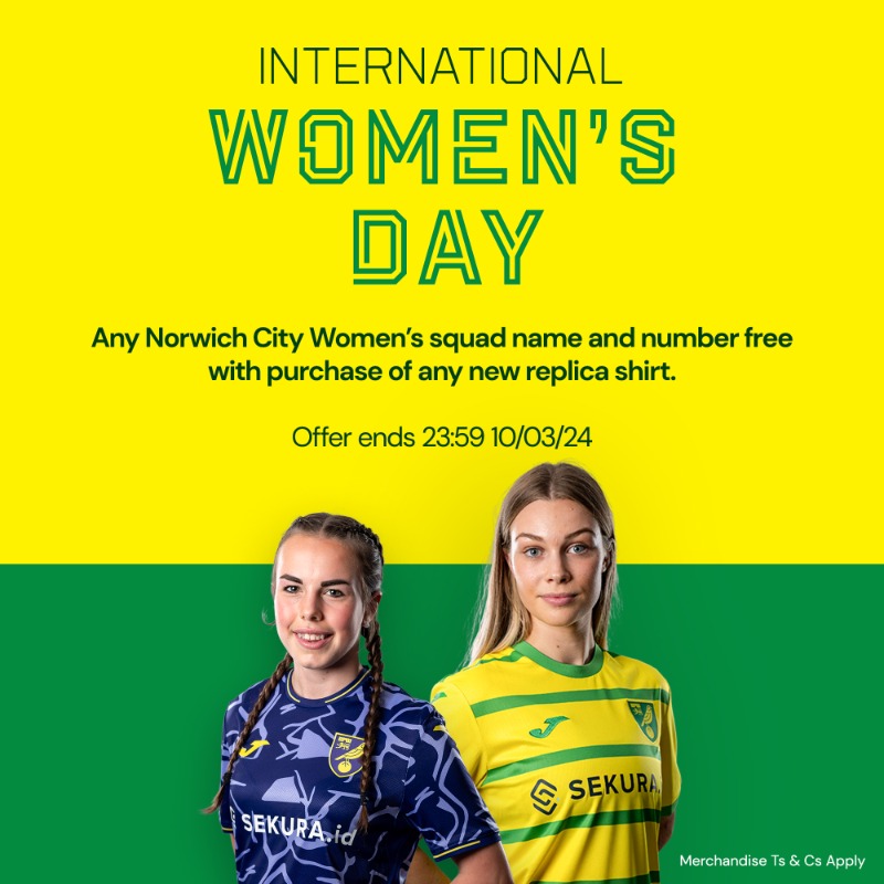NorwichCityFC's tweet photo. 👕 𝙁𝙍𝙀𝙀 𝙋𝙍𝙄𝙉𝙏𝙄𝙉𝙂 👕

All supporters can get any @NorwichCityWFC name and number printed for free on new 2023/24 replica shirts until Sunday, March 10 👇