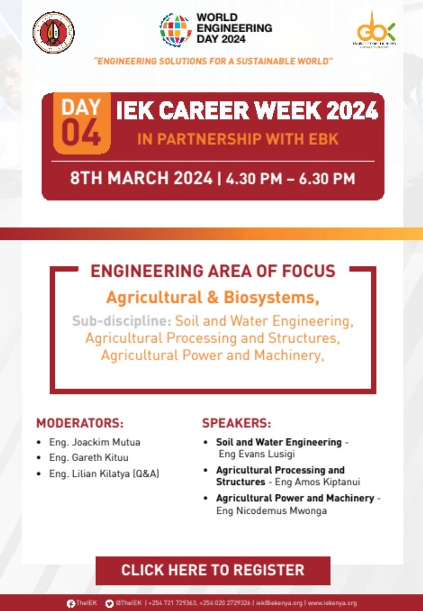 We welcome university engineering students to join us tomorrow for Day 4 of the #WorldEngineeringDay2024 Career Week. The disciplines of focus shall be 1.Mechanical Engineering from 1430 to 1630hrs 2.Agricultural and Biosystems Enginering from 1630-1830hrs. Do not miss out!