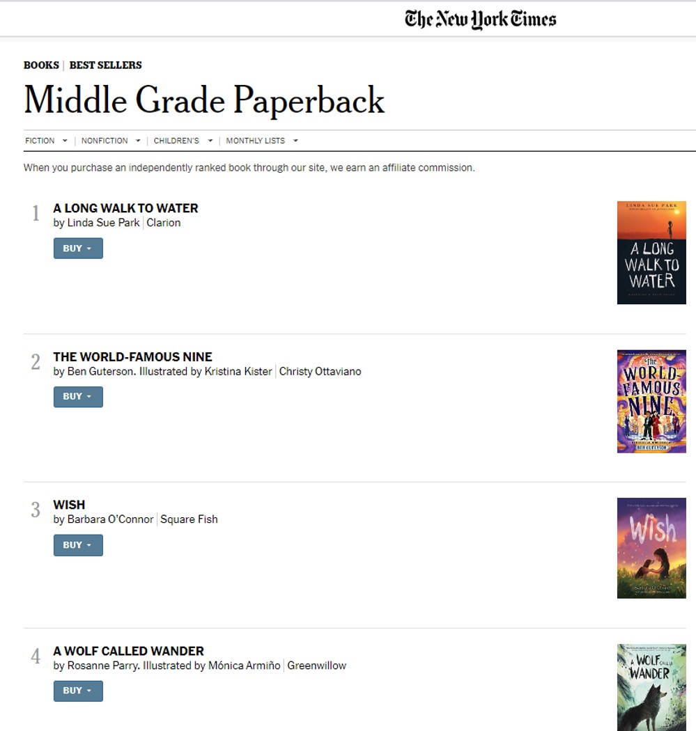 Huge fun to see THE WORLD-FAMOUS NINE reach #2 on the New York Times Best Sellers list for Middle Grade Paperback. All thx to Christy Ottaviano, Rena Rossner, @KristinaKister, Chloe Bristol, Elise Arsenault, & @LittleBrownYR. I appreciate being able to work w/these great people.