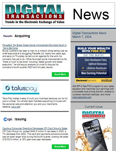 DTPaymentNews's tweet photo. Today’s Digital Transactions News: Paysafe’s Small Business Agenda; CPI Sales Fall; PayPal Adds Tap to Pay on iPhone
https://t.co/70nNIbHRT5
#payments #smallbusinesses #Paysafe #ISOs #earnings #creditcards #debitcards #CPI #contactlesspayments #P2Ppayments #TaptoPayoniPhone #NFC https://t.co/dsOJtXtkdd