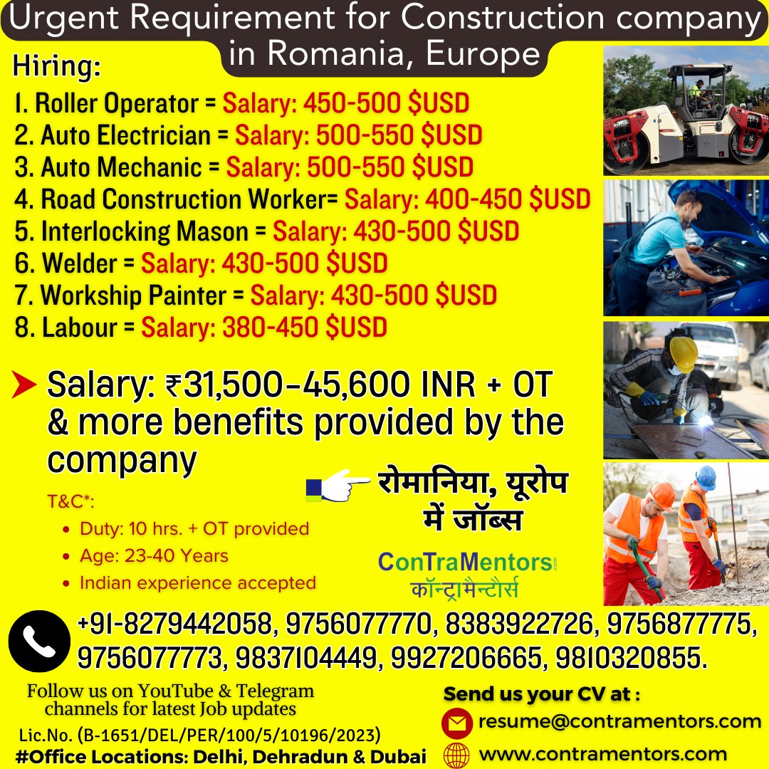 Urgent Requirement for Construction company in Romania, Europe रोमानिया, यूरोप में जॉब्स
#HIRINGNOW 

#jobsabroad #jobsinromania #romania   #europe #hiringnow #hiringalert #hiringimmediately #hiring #jobalert #jobforyou #jobhunt #jobapportunity #vacancy #recruitment #TwitterX