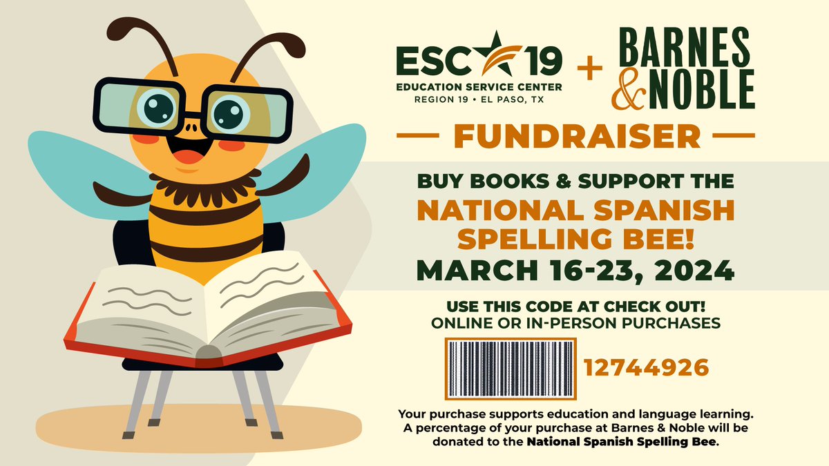 Getting more books for your book nook? ESC19 and @BNBuzz are teaming up for a special fundraiser to support our National Spanish Spelling Bee! From 03/16 - 03/23, you can use our code in person or online! Visit our NSSB Page to Learn More: esc19.net/Page/2136 #WeR19 #NSSB