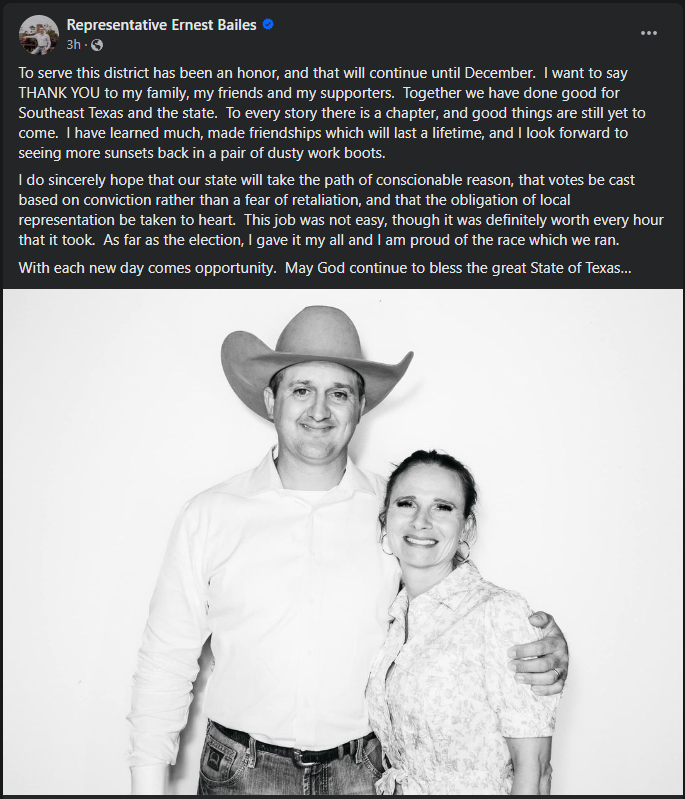 .@Bailesfortx on FB following his #HD18 loss on Tuesday. #txlege 'I do sincerely hope that our state will take the path of conscionable reason, that votes be cast based on conviction rather than a fear of retaliation, and that the obligation of local representation be taken to