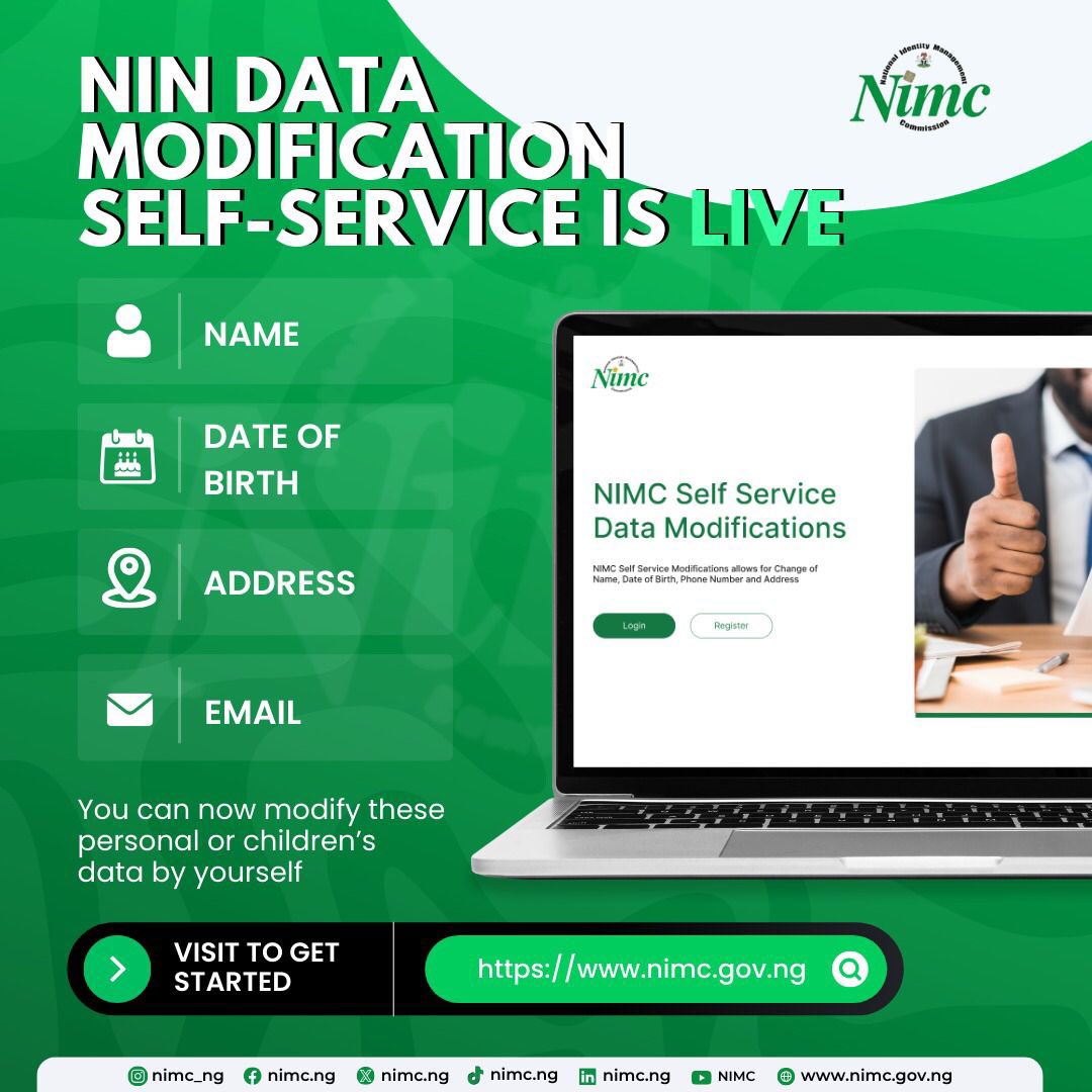 RealArije's tweet image. Self-Service of NIN is now live, @nimc_ng has brought easier way for you to do any kind of self-Service modification at your convenient zone.
Check the flyer for more info on what to do.
#NINmodification