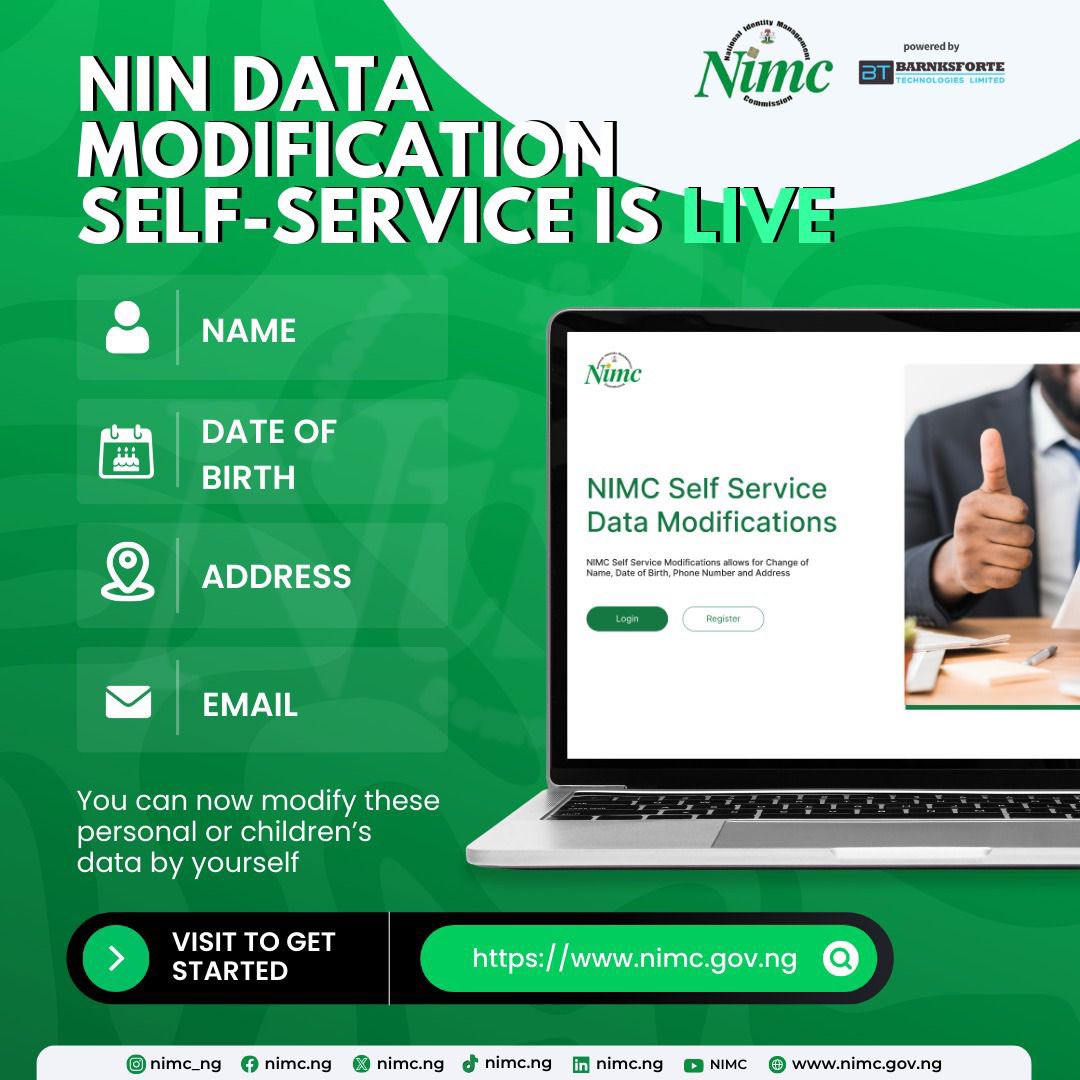 RealArije's tweet image. Self-Service of NIN is now live, @nimc_ng has brought easier way for you to do any kind of self-Service modification at your convenient zone.
Check the flyer for more info on what to do.
#NINmodification