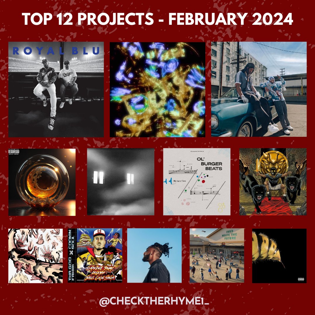 🏆 Top 12 projects of February 2024 🥇 Blu x Roy Royal 🥈 Jay Cinema x Chow 🥉 LaRussell x Hit Boy The full list and a Best of 2024 playlist are linked in the replies.
