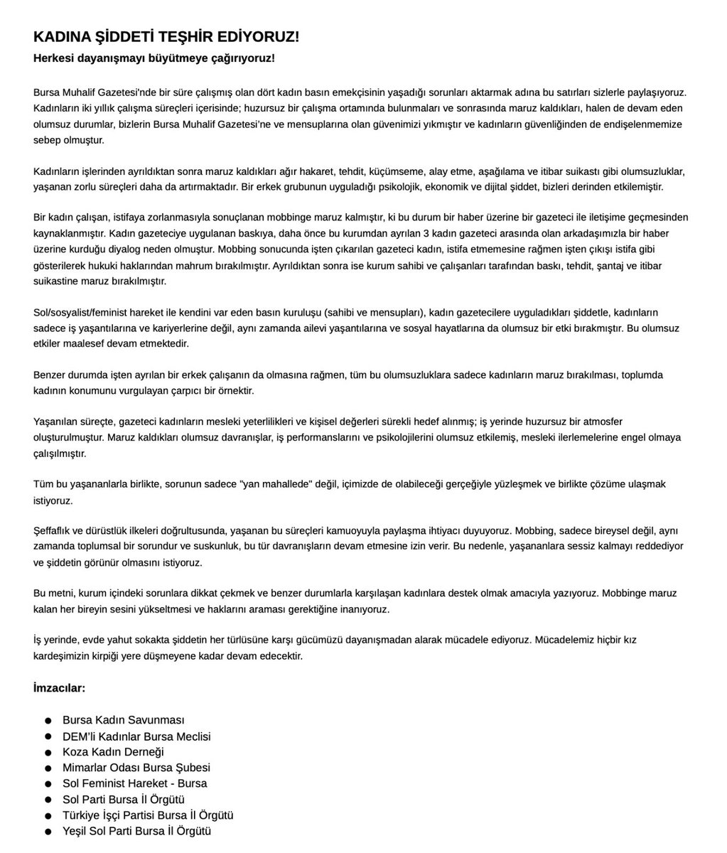 Bu vb. yaşayan hiçbir kadın kendini yalnız hissetmesin,dayanışma içinde olacağımızı bilsin diye bu metni yayınlıyoruz
#yaşasınkadındayanışması
<a href="/DEMpartibursa/">DEM Parti Bursa</a>
<a href="/yspbursa/">Yeşil Sol Parti Bursa</a>
<a href="/kadinsavunmasi/">Kadın Savunması</a>
@tipbursa
<a href="/SolPartiBursa/">SOL Parti Bursa</a>
<a href="/MOBursaSubesi/">Mimarlar Odası Bursa Şubesi</a>
@solfeminist
<a href="/KadKoza/">Koza Kadın Derneği</a>
<a href="/diskbasinis/">DİSK Basın-İş</a>
<a href="/TGS_org_tr/">Gazeteciler Sendikası</a>