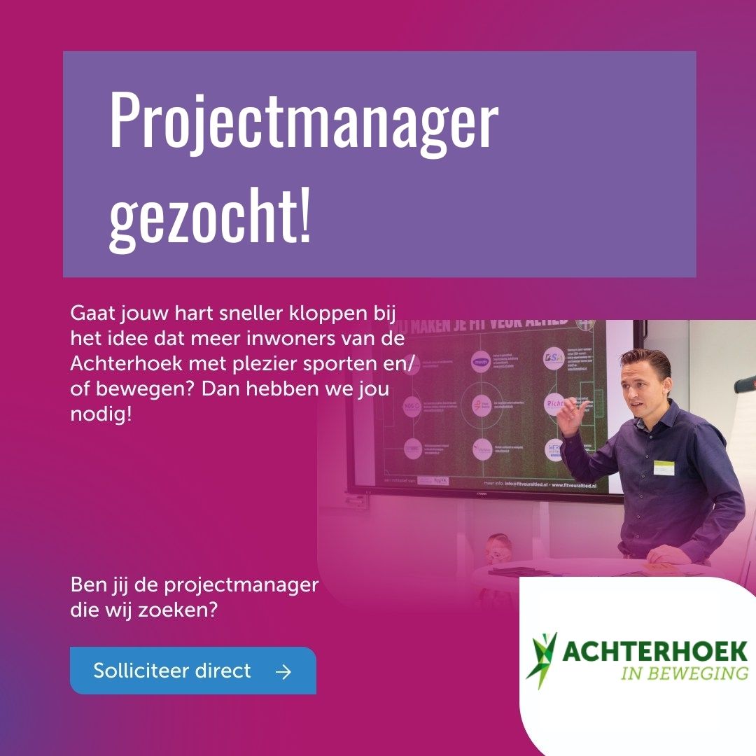 AhoekInBeweging's tweet photo. Vacature voor een #projectmanager! Gaat jouw hart sneller kloppen bij het idee dat meer inwoners van de #Achterhoek met plezier #sporten en/of #bewegen? Lees de #vacature op https://t.co/Sz7lFu6AmP https://t.co/HMs3aLMhFy