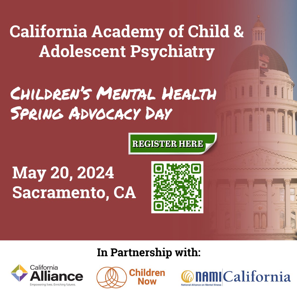Join us for the 2024 Children’s Mental Health Spring Advocacy Day on May 20th in Sacramento! Meet with legislators, advocate for issues, and network with others. Register at bit.ly/SpringAdvcy24a… share! #ChildrensMentalHealth #CALACAP #ChildrenNow #NAMICA #CaliforniaAlliance