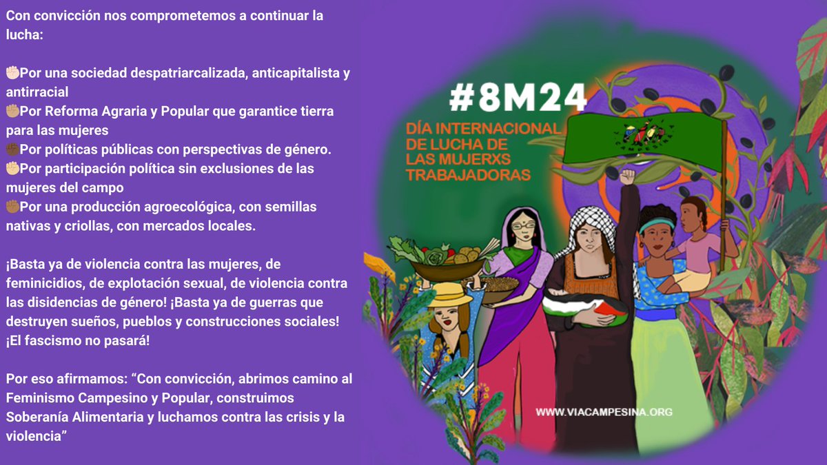 This  International Women's Day, ECVCs commits to fighting for peasant and popular feminism, and the demands in the Declaration of the 6th International Women’s Assembly of @via_campesina! 

👉viacampesina.org/en/declaration…

#8M24 #FoodSovereigntyNow #StopViolenceAgainstWomen