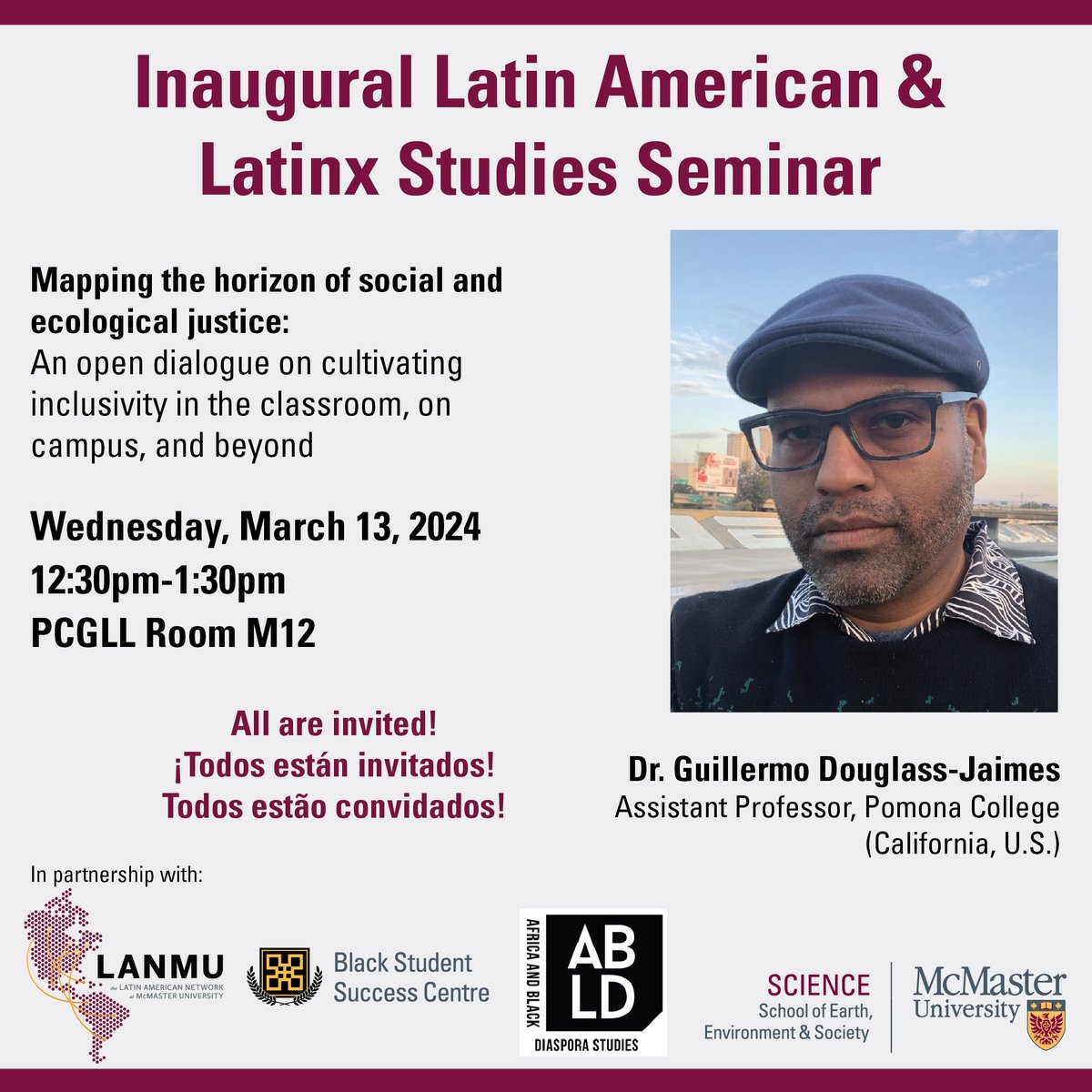 Latin America Network at McMaster University LANMU (@mcmasterlan) on Twitter photo All <a href="/McMasterU/">McMaster University</a> faculty, students & staff are invited to the Inaugural Latin American & Latinx Studies Seminar w/ Dr. Guillermo Douglass-Jaimes (<a href="/gdouglassjaimes/">Guillermo Douglass-Jaimes, PhD</a>) this Wed March 13 @ 1230pm in PGCLL Room M12!
Organized in partnership w/ <a href="/MacBSSC/">McMaster Black Student Success Centre</a>, #ABLD, and <a href="/McMasterSEES/">McMaster SEES</a> All <a href="/McMasterU/">McMaster University</a> faculty, students & staff are invited to the Inaugural Latin American & Latinx Studies Seminar w/ Dr. Guillermo Douglass-Jaimes (<a href="/gdouglassjaimes/">Guillermo Douglass-Jaimes, PhD</a>) this Wed March 13 @ 1230pm in PGCLL Room M12!
Organized in partnership w/ <a href="/MacBSSC/">McMaster Black Student Success Centre</a>, #ABLD, and <a href="/McMasterSEES/">McMaster SEES</a>
