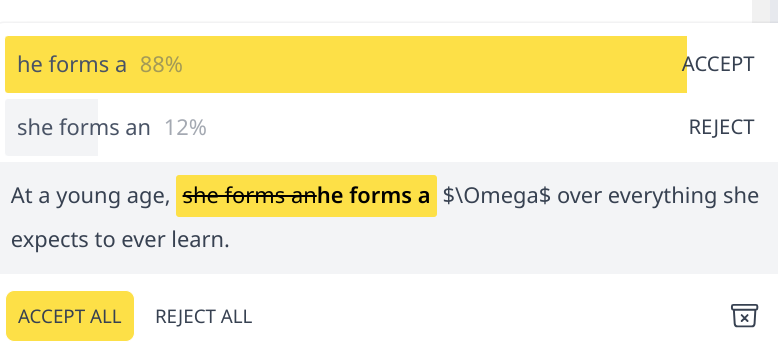 Brilliant. @overleaf's AI grammar tool wants to 'correct' my 'she' to a 'he' because women can't have subjective probabilities, I guess? Top notch AI.