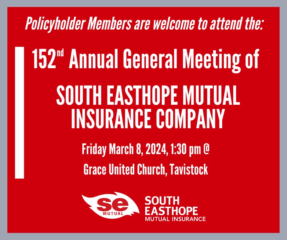 southeasthope's tweet photo. Our Annual General Meeting is taking place tomorrow, Friday, March 8th at 1:30 pm at Grace United Church in Tavistock. We will have a guest speaker presenting on 'Managing Severe Weather Risks'.
Policyholder Members are welcome to attend! #mutualinsurance #agmseason https://t.co/HJRtUhOWR5