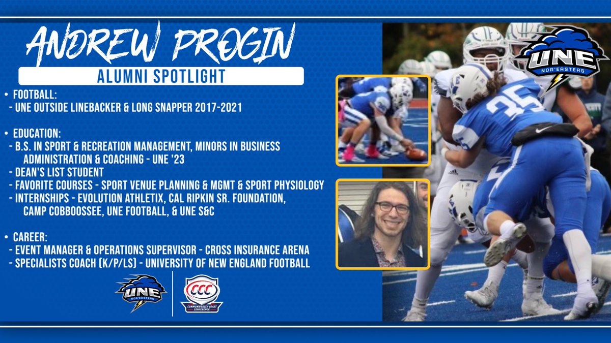 Our next spotlight features another member of our first recruiting class, Andrew Progin. A Long Snapper & OLB from CT, Progin stuck around in Maine after graduation. He currently works in Operations at the Cross Insurance Arena, and helps out coaching our Specialists. 🌩️🏈 #STG